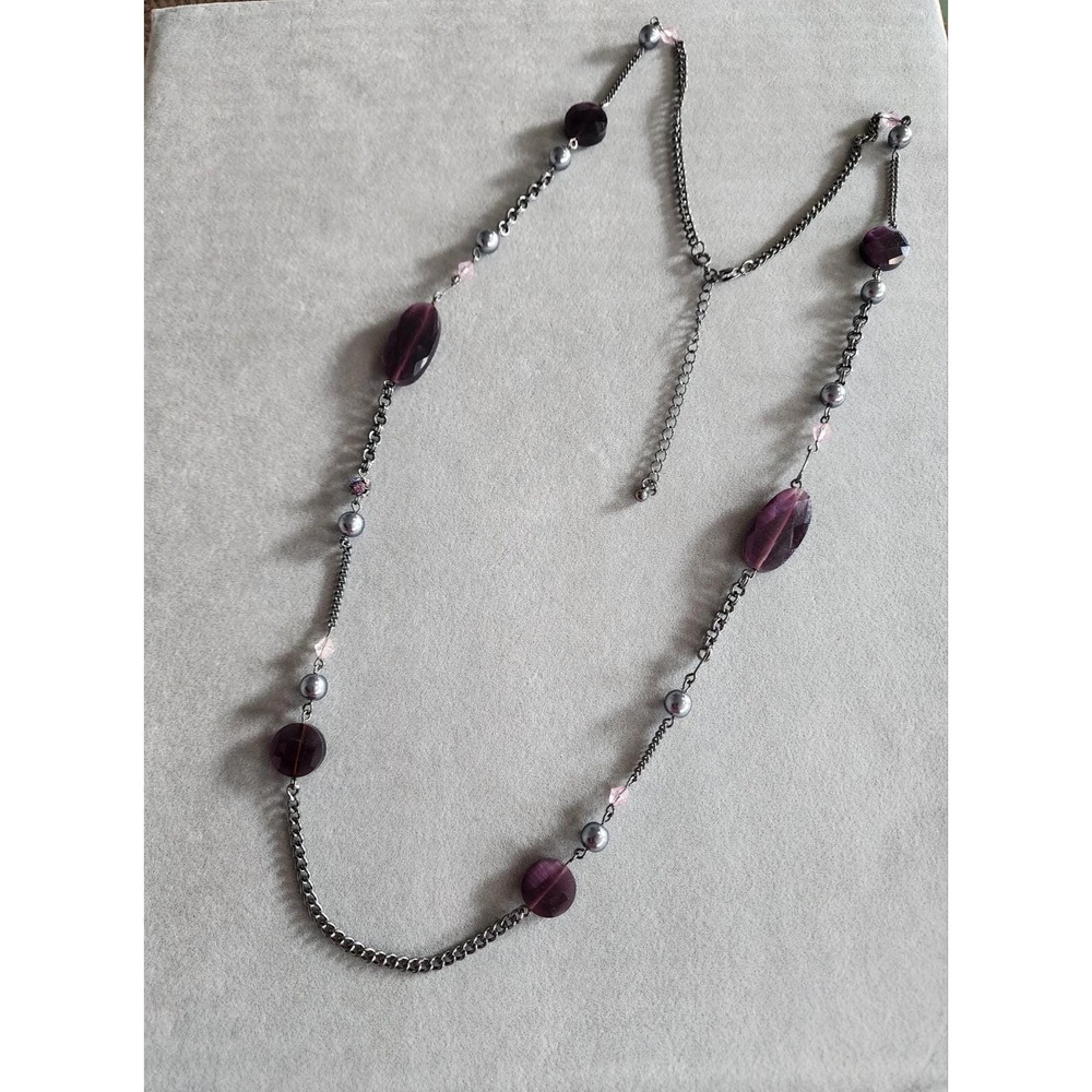 Avon Purple Glass Faceted & Gunmetal Faux Pearl Necklace w Pink Crystal Accents